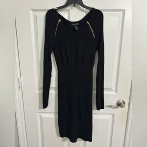 Midi black dress, long sleeve with gold details